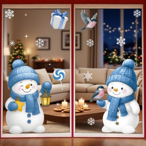 Christmas Window Stickers Cute Snowman Snowflake Window Clings Decals Reusable Double Sided Static Clings Window Clings for Glass Windows for Winter Christmas Decorations 4 Sheet