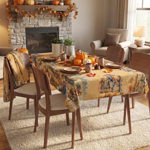 Fall Tablecloth 60×104 Inch, Fall Harvest Decorations for Home Table Cloth Rectangle, Truck Scarecrow Pumpkin Decor Washable Seasonal Autumn Thanksgiving Tablecloths Polyester for Picnic Party Dinner