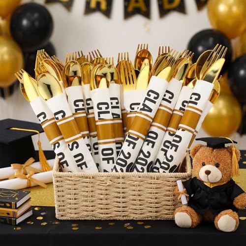 Gueevin 50 Set Graduation Plastic Silverware Set Graduation Party Supplies