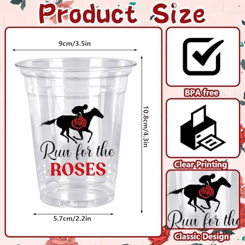 Whaline 50 Pcs 12 Oz Derby Disposable Cup Run for Roses Plastic Party Cup Clear Glasses for Coffee Juice Drink Decorations Party Supplies