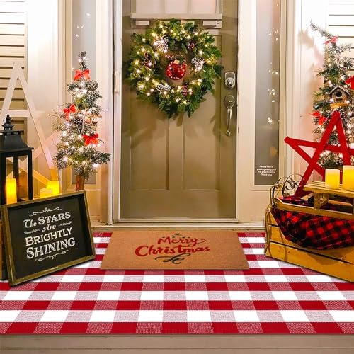 Christmas Red and White Plaid Rug, 4' x 6' Cotton Hand-Woven Layered Door Mat for Front Porch, Entryway, Outdoor Holiday Decor, Washable Buffalo Check Rug for Home, Patio, Kitchen