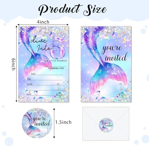 Set of 20 Magic Flash Purple Mermaid Birthday Invitation, Party Invitations for 5th Grils & Kids with Envelopes and Pieces Stickers, Supplies for Sea Ocean Theme Birthday Partys Decorations -07