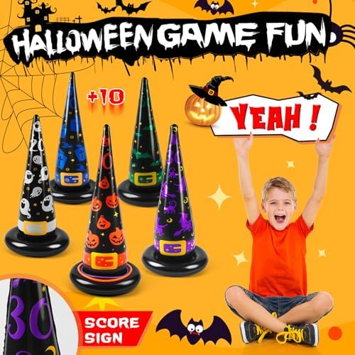 Halloween Ring Toss Games, 17PCS Inflatable Witch Hats Ring Toss Set with Plastic Rings Air Pump for Party Games Super Fun Halloween Games Activities for Kids Adults Indoor Outdoor