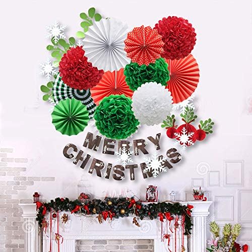 Red White and Green Hanging Paper Decor - Round Paper Fans, Pom Poms, Flowers - Perfect for Christmas, Birthdays, Weddings, Graduations, Baby Showers