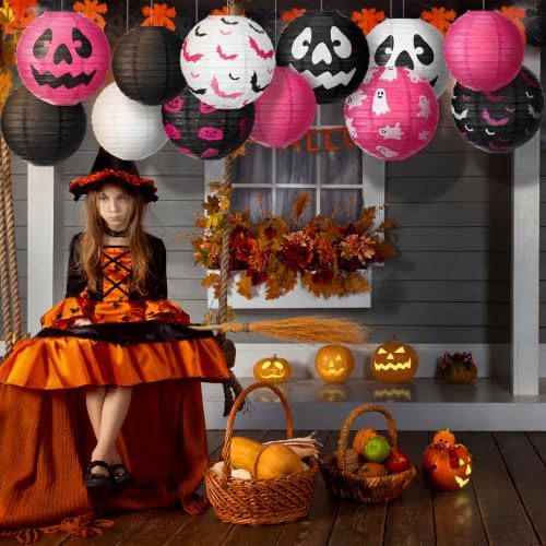 Bencailor 16 Pcs Halloween Paper Lanterns Ghost Bat Pumpkin Halloween Party Paper Lanterns Black White Red Round Hanging Party Decorations for Holiday Indoor Outdoor Decor