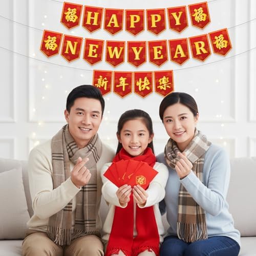 Chinese New Year Decorations 2026 Lunar New Year Banner Red Gold new Years Decorations 16.4Ft 2026 Spring Festival Flag Bunting Garland NYE Eve Party Decoration Backdrop Home Office Indoor Outdoor