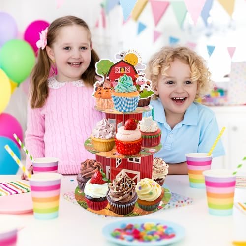 Farm Decor Cupcake Stand - 3 Tier Cupcake Tower Farm Animal Decorations Dessert Holder for Table Display Farmhouse Party Decor