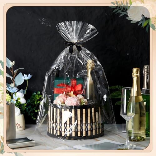 Weysat 6 Set Baskets for Gifts Empty Bulk, Large Woven Bamboo Gift Basket Kit with Handles, Bow, Wrap Bag to Fill for Raffle Thanksgiving Day Wedding Birthdays Party Wrapping (Black)