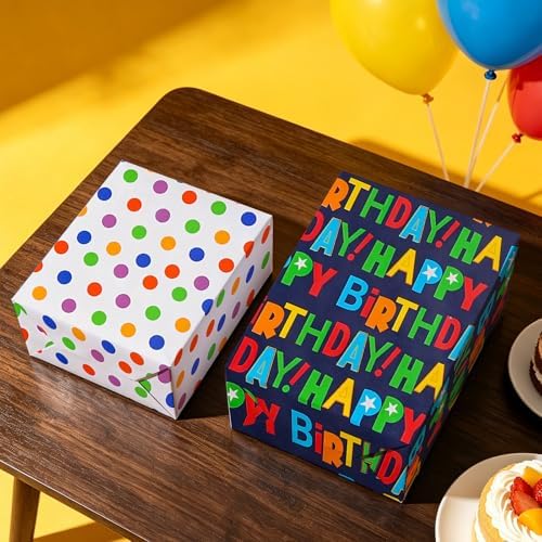WRAPAHOLIC Reversible Birthday Wrapping Paper Roll - Mini Roll - 17 Inch x 10 Feet - Colorful Happy Birthday Wrapping Paper with Polka Dots Design for Boys Girls Kids, Baby Shower, Holiday, Party