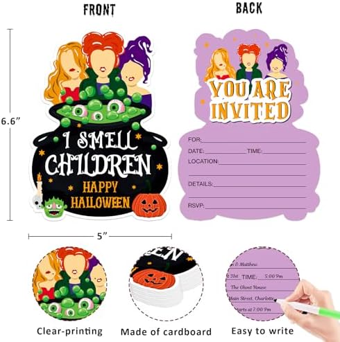 Halloween Party Invitation Cards with Envelopes - 12 Pack Hocus Pocus Halloween Invitations for Kids Adults - 5 x 6.6 Inch Witch Birthday Invitations for Haunted House Scary Holiday Party Favors