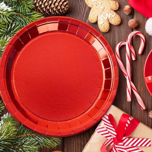 Whaline Christmas Dessert Plate Foil Red Green Disposable Paper Plate Metallic Dinnerware Plates 9 Inch for Xmas Winter Party Supplies Table Decor, 40 Pcs