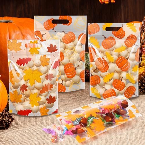 Hallswl 60pcs Fall Thanksgiving Pumpkin Treat Bags with Handle 9X6inch