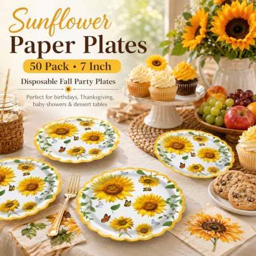 Sunflower Paper Plates 50 Pack 7 Inch Fall Party Plates Disposable