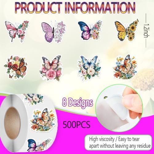 500PCS Butterfly Stickers 8 Styles Alien Butterfly Sticker Rolls 1in Cartoon Stickers Party Favors Waterproof Vinyl Sticker for Birthday Party Favors Envelopes Decorations