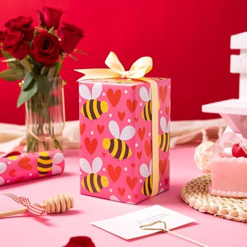 WRAPAHOLIC Valentines Day Wrapping Paper Roll - 17 Inch x 16.5 Feet - Sweet Hearts and Bee Wrapping Paper Perfect for Valentine's Day, Wedding, Anniversary, Birthday