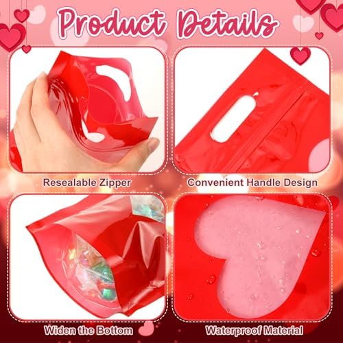 Engrowtic 100 Pcs Red Heart Treat Bags Resealable Red Zipper Bag with Heart Shaped Windows Plastic Gift Goodie Bags with Handles for Wedding Party Favor Supplies