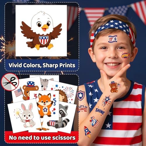 JCFIRE 4th of July Temporary Tattoos for Kids Adults, Cute Independence Day Fake Tattoos Stickers, Fourth of July Red White and Blue 4th of July Accessories for Women Girls Party Favors