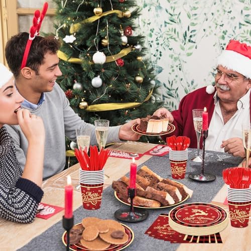 175 Pcs Merry Christmas Party Supplies Set - Serves 25, Festive Red and Black Plaid Disposable Tableware, Includes Paper Plates, Cups, Napkins, Forks, Spoons, Knives for Xmas Holiday Celebrations