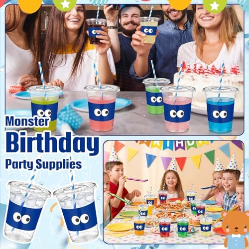 FillTouch 50 Pcs Blue Monster Themed Party Supplies Cartoon Blue Monster Plastic Cups Bulk Cartoon Baby Shower Decorations Disposable Party Favor Cups for Birthday Decorations Gender Reveal Supplies