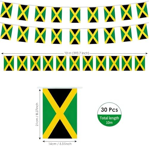 AhfuLife 33 Ft Jamaica String Flags Banner for World Cup Decorations 2026, 30 Pcs Small Jamaican Buting String Flags, Double Sided for Independence Day Garden Street Sports Party Decor (5.5×8.3 Inch)