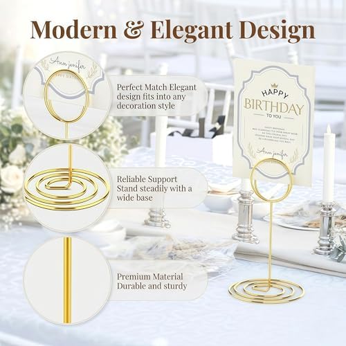 Radezon 20 Pcs Gold Table Number Holders, 5-Inch Place Card Holders With Widened Base, Wire Photo Stands for Tables, Name Menu Clips for Wedding Reception, Centerpieces and Events