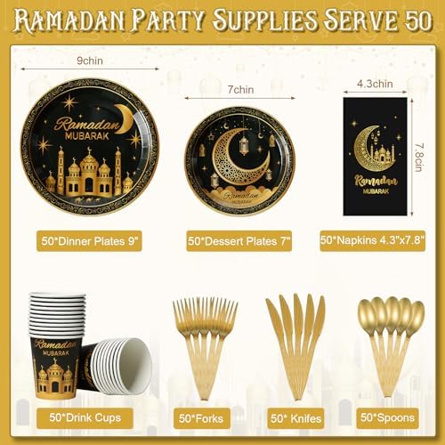 Ramadan Party Supplies Decorations for Home Serve 25, Eid Mubarak Ramadan Black and Gold Plates and Napkins Set, Disposable Paper Plates Napkins Cups Knives Spoons Forks for Ramadan Party Decorations