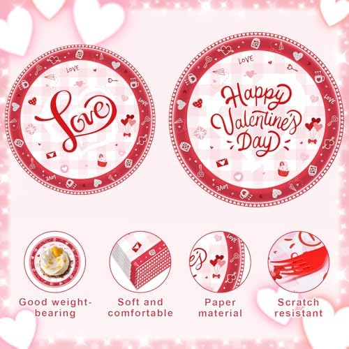 96 Pieces Valentine’s Day Tableware Set – Red and White Disposable Plates, Napkins, and Forks with Heart Balloons Designs for Romantic Dinners, Weddings, and Love-Themed Parties – Serves 24