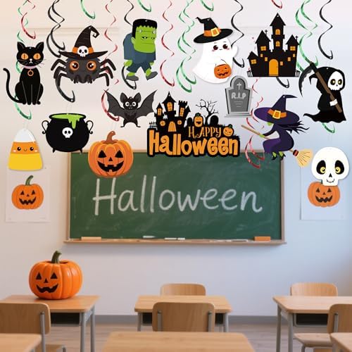 36 PCS Halloween Pre-Strung Hanging Swirl Decor Halloween Ceiling Hanging Swirls Cute Ghost Pumpkin Spider Witch Themed Ceiling Streamer for Office Home Indoor Outdoor Decoration Kids Party Supplies