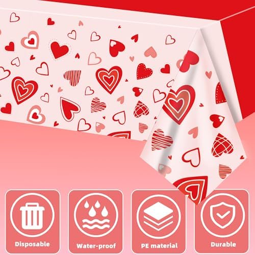 Valentine's Day Tablecloth 3-Pack, 54x108 Inch Disposable Plastic Table Covers, Red Heart Themed Decor for Romantic Party, Wedding, Anniversary, and Valentine's Day Table Decorations