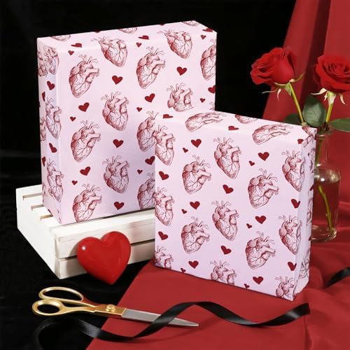 WRAPAHOLIC Gothic Valentines Day Wrapping Paper Roll - Mini Roll - 17 Inch x 16.5 Feet - Gothic Anantomy Heart Wrapping Paper for Valentine's Day, Anniversary, Birthday