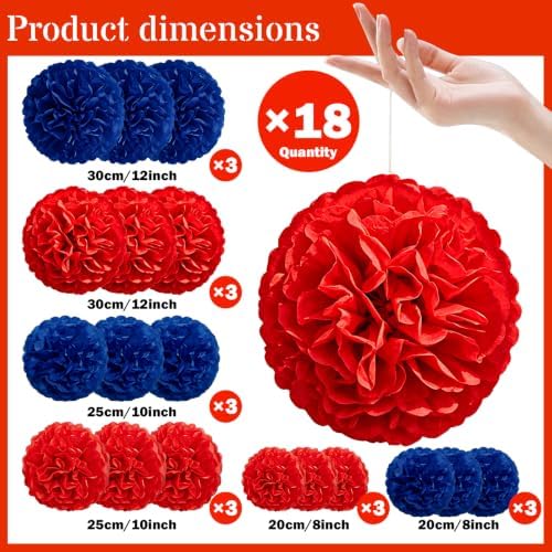 Recosis Red Blue Party Decorations, 18 Pcs Paper Pom Poms Decorations
