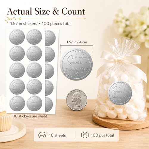 100 x A Sweet Thank You Embossed Sticker Labels Wedding Party Shower Favor Raised Silver Foil Stickers Sweet Treat Sticker for Wedding 1.57” (Silver)