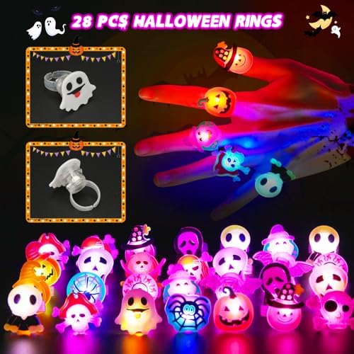 Tiaxidex 65PCS Halloween Light Up LED Rings, Non Candy Trick or Treats 3D Flashing Rings Toys Glow In the Dark Halloween Party Favor Ring Toy Gifts For Kids Adults Goodie Bag Stuffers