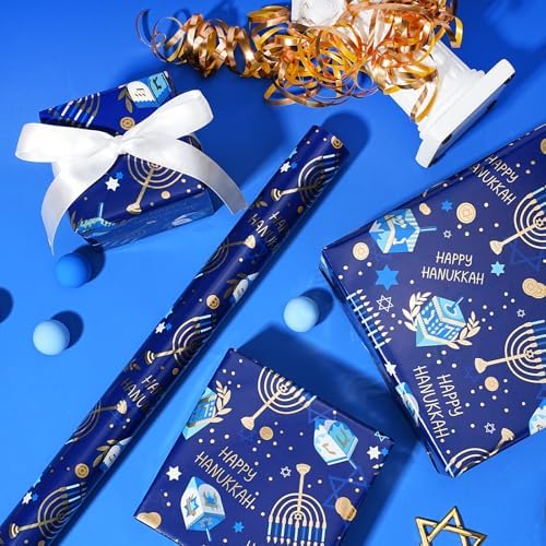 LaRibbons Hanukkah Wrapping Paper, Foil Menorah Dreidel Print
