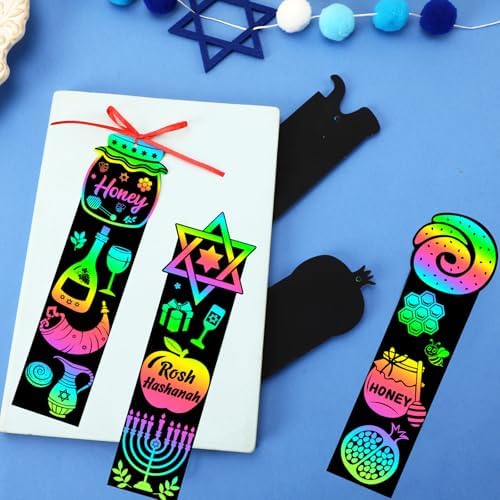 JUNEBRUSHS 30 Pack Rosh Hashanah Scratch Art Bookmarks