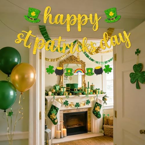 Pre-Strung Happy St. Patrick's Day Banner, Glitter Shamrock Garland with Leprechaun Hats, Rainbows & Clovers, St Patrick's Day Decorations for Party
