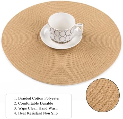 SHACOS Round Placemats Set of 8 Washable 15 inch Round Placemat Cotton Polyester Woven Braided Table Place Mats for Dining Table Decor, Camel