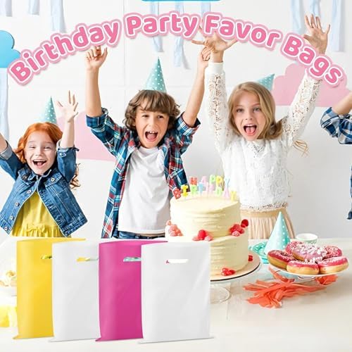 VieFantaisie 50 PCS White Party Favor Bags, 8" x 11" Goodie Bags for Candy Treat Craft Easter Egg, Plastic Gift Bag with Die Cut Handles for Birthday Party, School Events & Small Business, Wedding