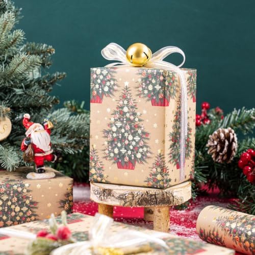 RUSPEPA 30" X 32.8' Kraft Christmas Wrapping Paper Large Paper Roll, Jumbo Roll, Gold Foil Elegant Christmas Tree with Ornament & Snowflake Design Kraft Gift Wrap for Xmas Gifts, Winter and Holidays