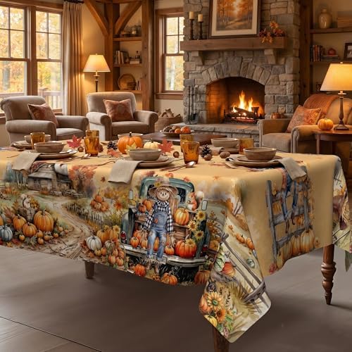 Fall Tablecloth 52x70 Inch Rectangle, Fall Harvest Decorations for Home Table Cloth, Truck Scarecrow Pumpkin Decor Washablae Seasonal Autumn Thanksgiving Tablecloths Polyester for Picnic Party Dinner