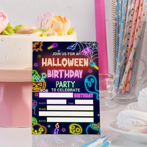 Halloween Birthday Party Invitations for Girl Boy, Gender Neutral Halloween Birthday Invitations Kids Spooky Invite Cards, 20 Invites with Envelopes (4"x6")