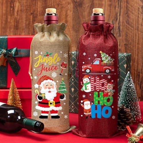 12Pcs Christmas Burlap Wine Bags, Drawstring Wine Gift Bags Bottles Covers