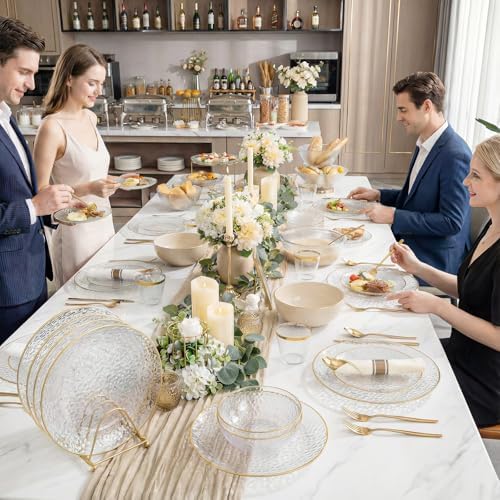 Rubtlamp 700Pcs Gold Plastic Dinnerware Set, Hammered Clear Gold Plates, Fancy Plastic Plates Include 100 Dinner Platos,100 Salad Platos,100 Cups,100 Pack Pre Rolled gold plastic Silverware
