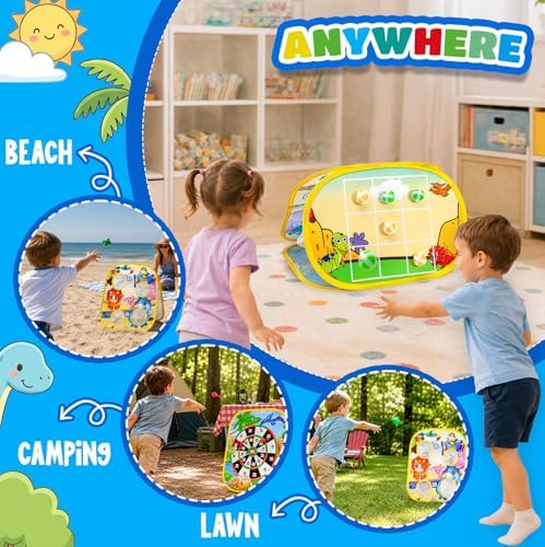 3 in 1 Bean Bag Toss Game for Kids, Dinosaur Cornhole Board with Magnetic Dart Board, Sticky Ball Tic Tac Toe, Outdoor Toys for Kids Ages 3-8, Backyard Beach Party Games Birthday Gifts for Boys Girls