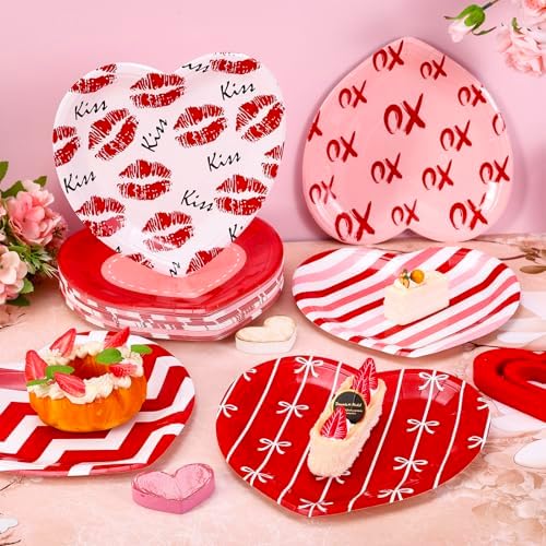 Whaline 60Pcs Valentine's Day Paper Plates Heart Shaped Dessert Plates Red Pink White Romantic Disposable Tableware for Mother's Day Anniversary Wedding Birthday Party Table Decor Supplies