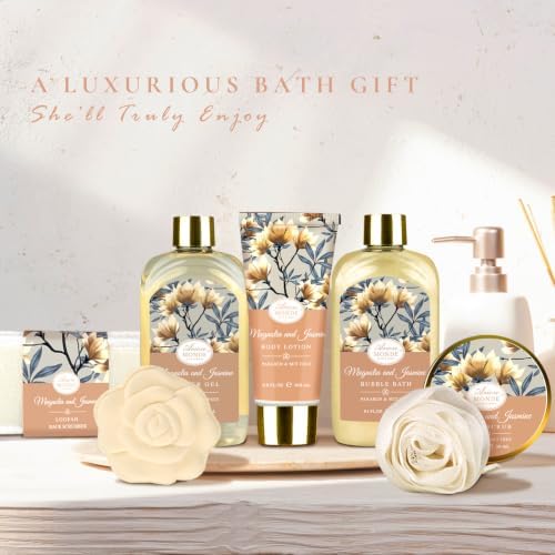 Gift Basket for Women, 8pcs Magnolia & Jasmine Spa Gift Baskets for Women