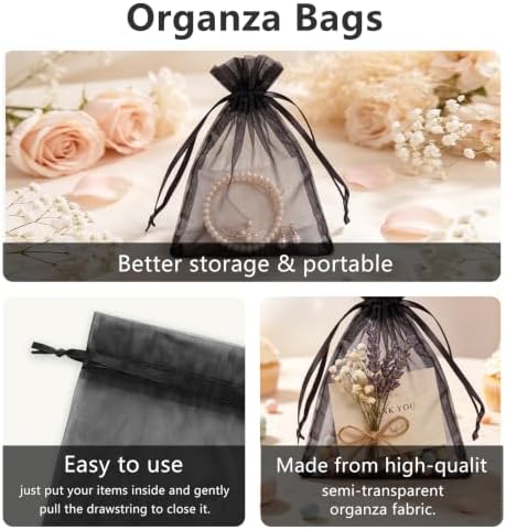 Wudygirl 50 Pcs Organza Bags, 5x7 IN Drawstring Gift Bags-Black