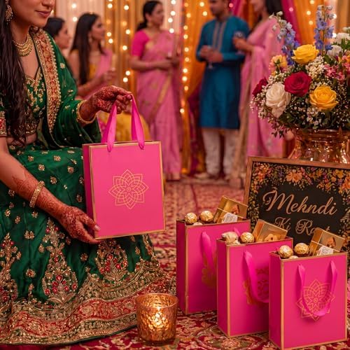 Sabary 30 Pcs Ganesh Pooja Indian Return Gift Paper Bag, Fuchsia