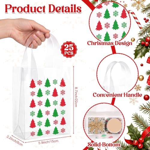 Pajean 25 Pcs Christmas Plastic Gift Bags with Handles, Xmas Tree Pouches