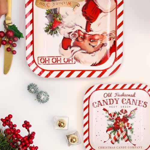 Whaline 40Pcs Christmas Vintage Tableware Set Santa Candy Cane Stripe Paper Plates 7 & 9 Inch Retro Xmas Square Disposable Plates for Holiday Party Table Supplies